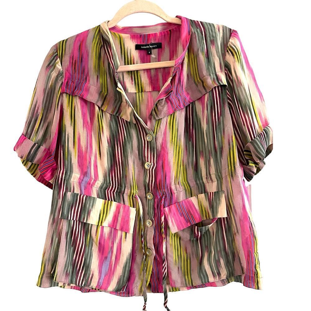 NANETTE LEPORE 100% Silk Abstract Print Semi-Sheer Drawstring Top Blouse - Sz 4